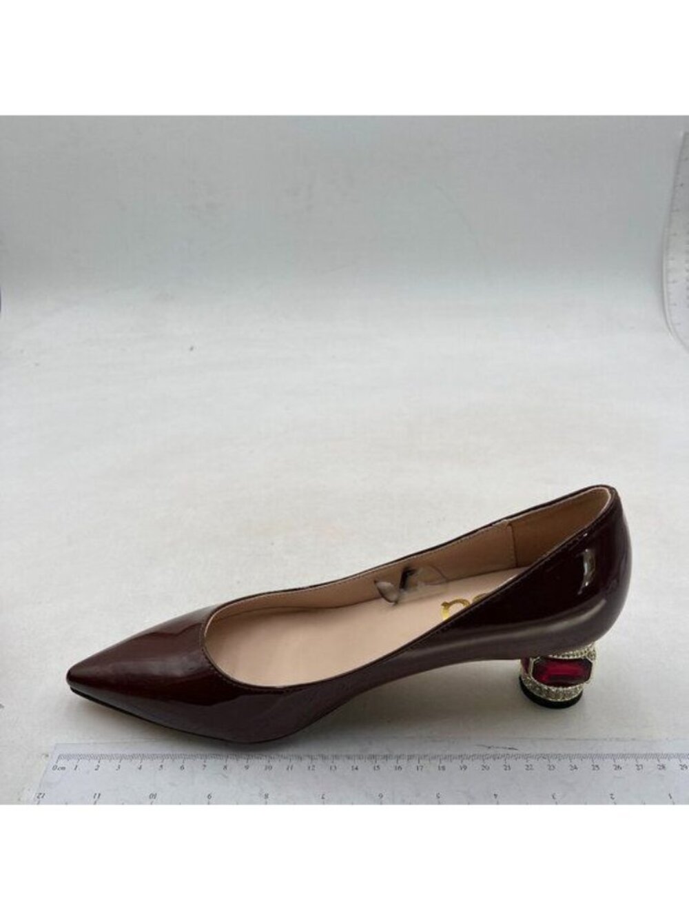 FSJ Women Bridal Pointed Toe Chunky Block Low Heel Crystal Pumps, WIne Shoes